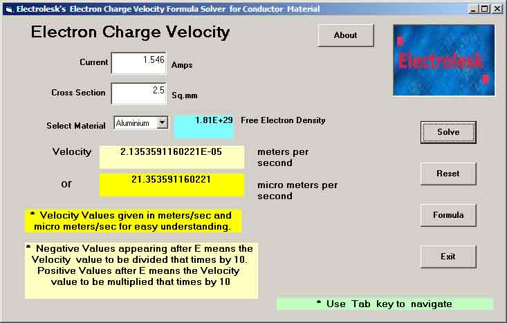 Screen Shot of Interactive Electrical Formula Solver-Opening Page