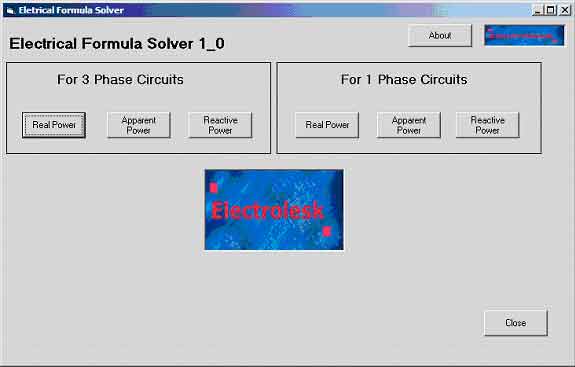 Screen Shot of Interactive Electrical Formula Solver-Opening Page