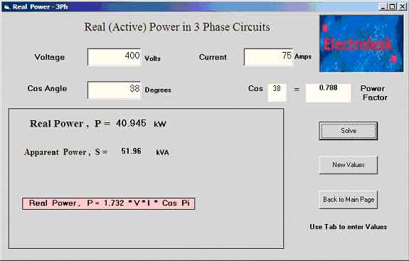Screen shot ofReal Power in Three Phase Circuits