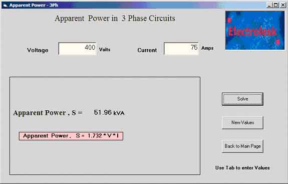 Screen Shot of Apparent Power in  Three Phase Circuits
