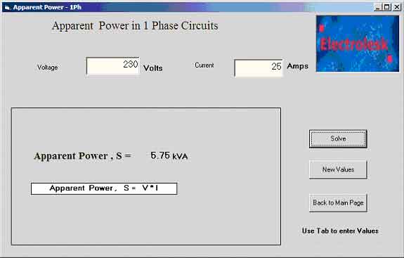 Screen shot of  Apparent Power in Single  Phase  Circuits