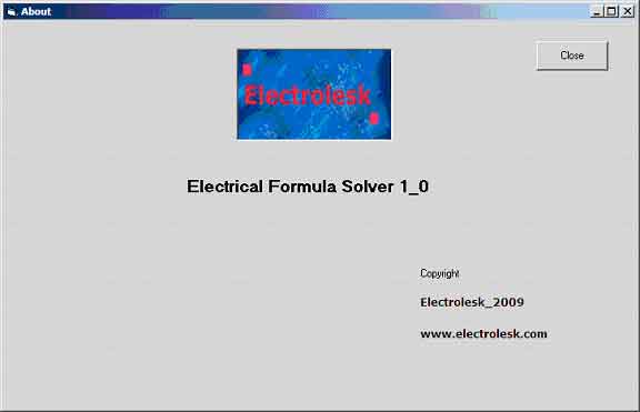 Screen shot of  The About Page- Electrical Formula Solver 1_0 -Electrolesk.com