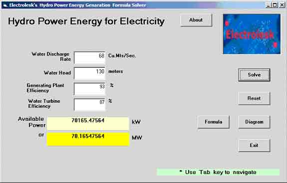 Screen Shot of Interactive Electrical Formula Solver-Opening Page