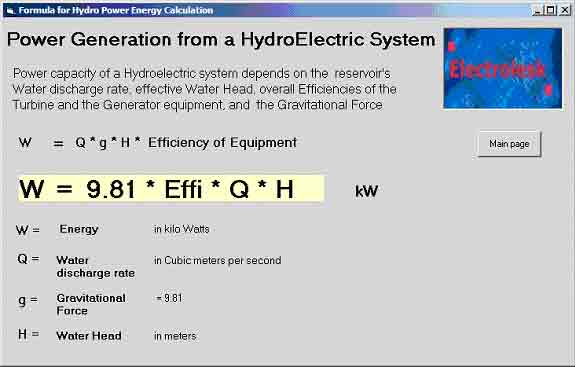 Screen Shot of The Formula Page of the Hydro Power Energy Generation Formula 
                Solver
