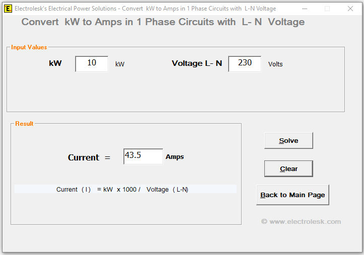 Find Amperes when Voltage and kW is known in 1Ph circuits