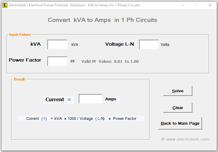 Find Amperes when kVA, Voltage and Power factor is known in 1Ph circuits