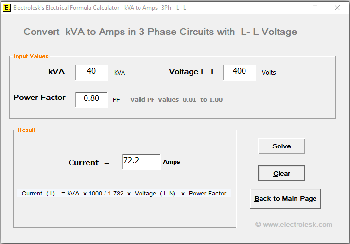Find Amperes when kVA, Voltage and Power factor is known in 3Ph circuits